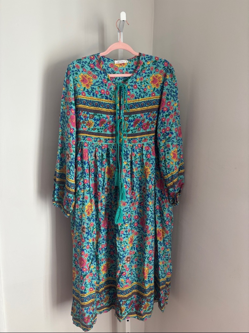 R. Vivimos Teal Womens Long Sleeve Floral Print Tassel Boho Midi Dress Sz XL NWT - Picture 3 of 6